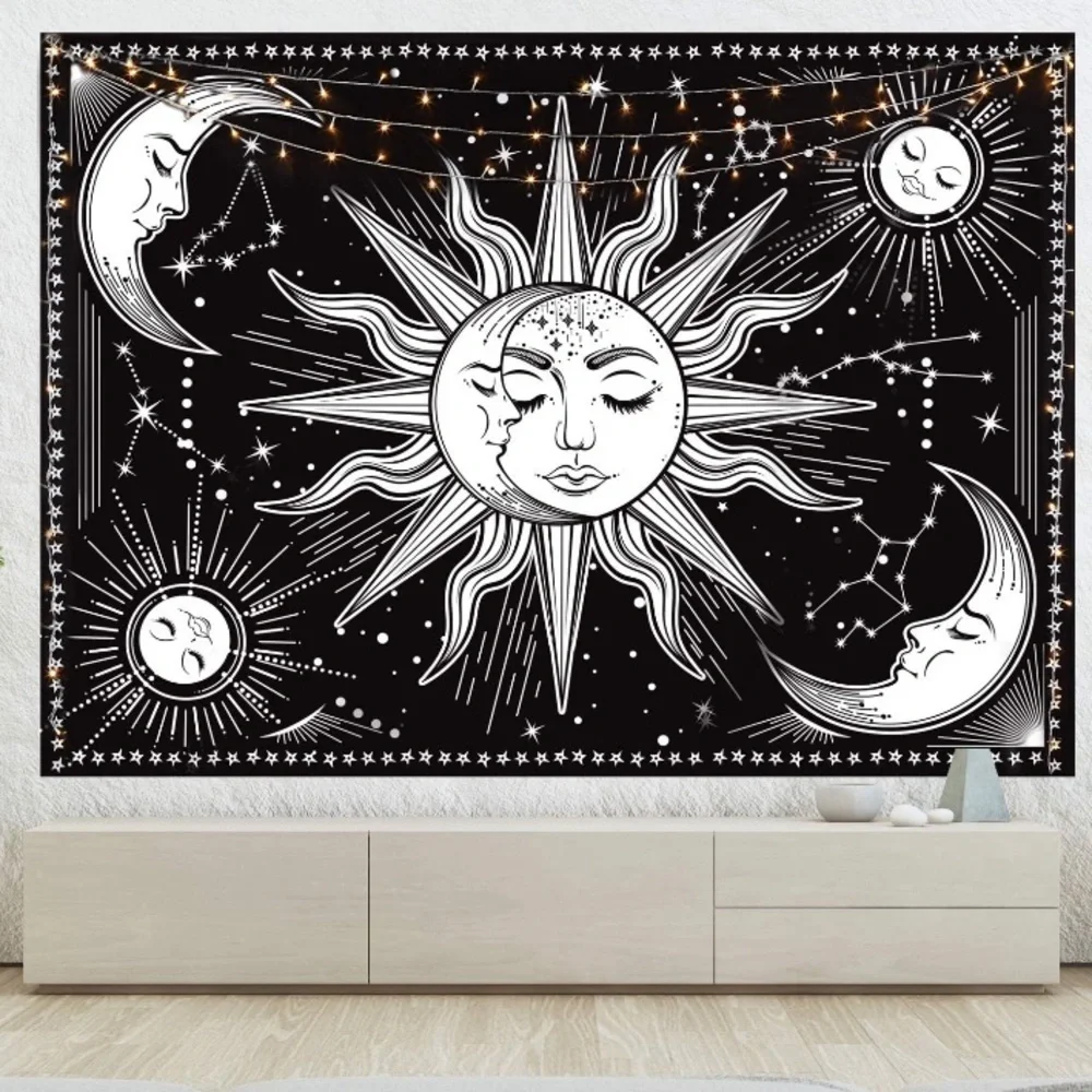 Hippie Sun/Moon Constellation Retro Black/White Tapestry Wall Dorm/Room Art Deco - Picture 5 of 5